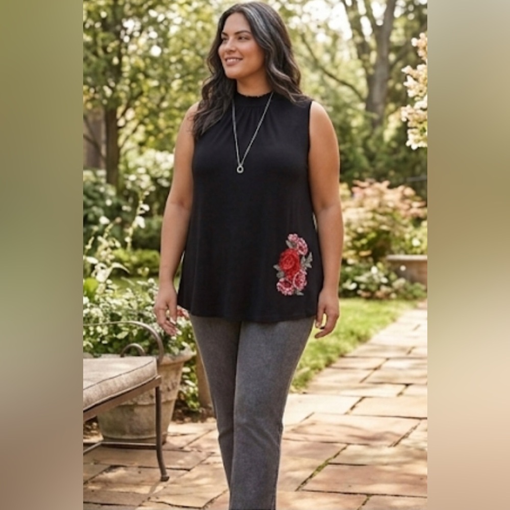pebble and stone Black Sleeveless Tank with Red Floral Embroidery